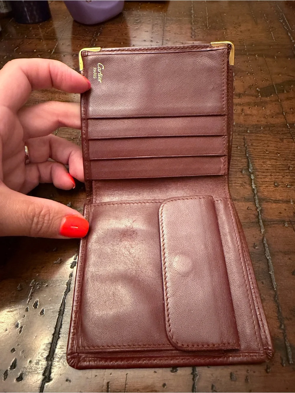 Cartier Men's Bifold Wallet in Burgundy with Gold Corners